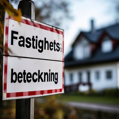 a sign with text Fastighetsbeteckning in front of blurry house in Sweden