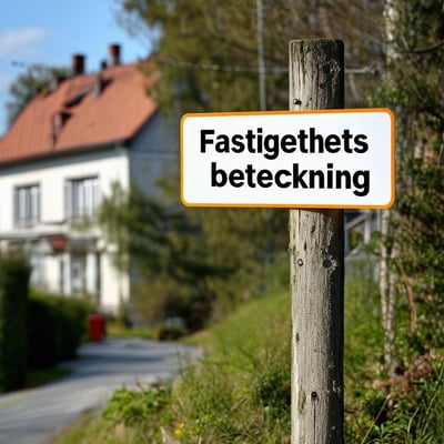 sign at a property with text Fastighetsbeteckning