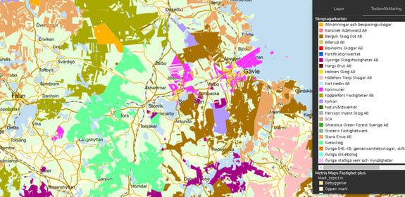 Metria helps you keep track of the major owners in your area of interest through the map services Forest Owner Map and Municipal Land.